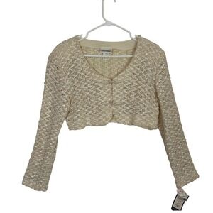 Y2K Sequin Knit Cropped Cardigan Ivory Beaded Coquette Fairy Glam USA size 10